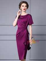 Purple Satin Short Sleeve Mother Of The Bride Dress