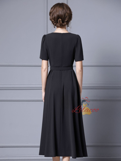 Black Short Sleeve Crystal Belt Mother Of The Bride Dress