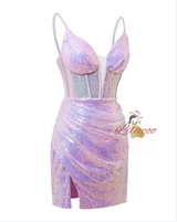 Purple Sequins Spaghetti Straps Homecoming Dress