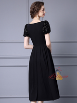 Black Sequins Puff Sleeve Mother Of The Bride Dress