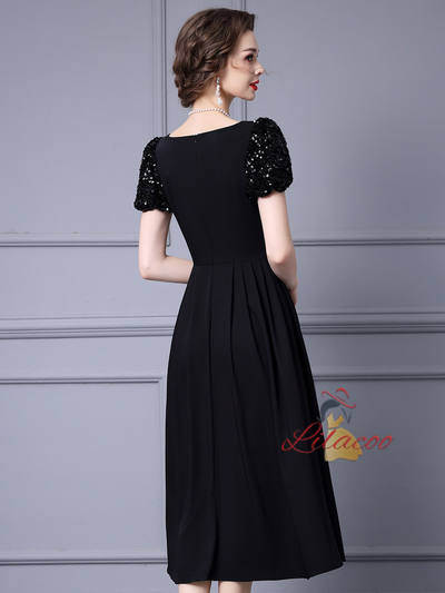 Black Sequins Puff Sleeve Mother Of The Bride Dress
