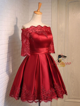 Burgundy Satin Short Sleeve Appliques Homecoming Dress