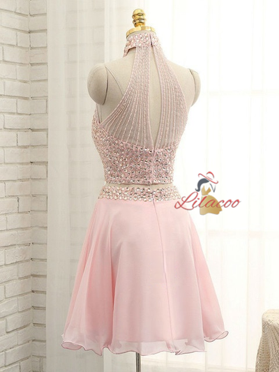 Pink Chiffon Halter Beading Homecoming Dress