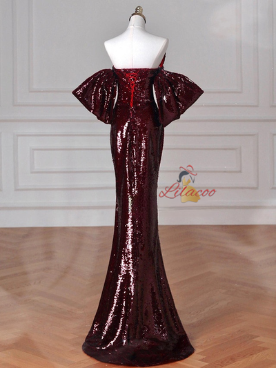 Burgundy Mermaid Pleats Strapless Prom Dress