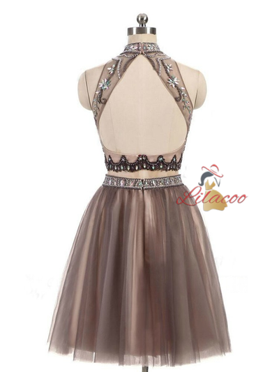 Two Piece Halter Beading Crystal Homecoming Dress