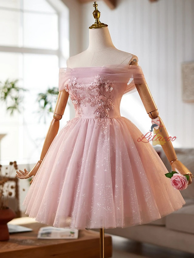 Pink Tulle Sequins Appliques Homecoming Dress