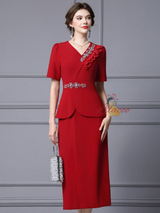 Red V-neck Short Sleeve Crystal Mother Of The Bride Dress