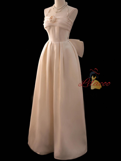 Ivory Satin Strapless Pleats Bow Wedding Dress