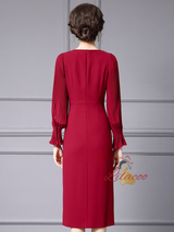 Burgundy Long Sleeve Pleats Mother Of The Bride Dress