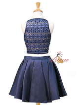 Navy Blue Satin Two Piece Beading Homecoming Dress