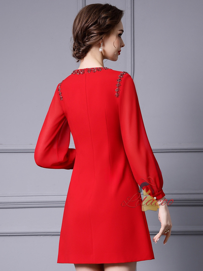 Red Long Sleeve Beading Mother Of The Bride Dress