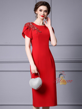 Red Short Sleeve Crystal Mother Of The Bride Dress