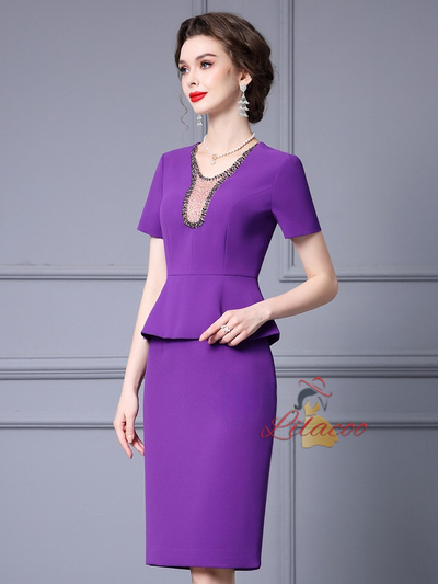 Purple Short Sleeve Beading Mother Of The Bride Dress