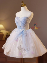 Light Blue Tulle Strapless Pearls Homecoming Dress