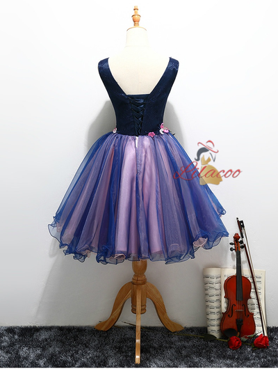 Blue Tulle V-neck Appliques Homecoming Dress