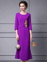 Purple Short Sleeve Crystal Mother of the Bride Dress