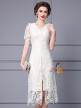V-neck Lace Short Sleeve Mother Of The Bride Dress