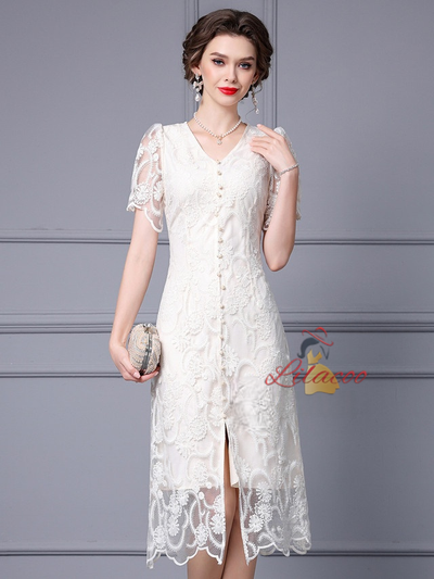 V-neck Lace Short Sleeve Mother Of The Bride Dress