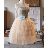 Champagne Tulle Tiers Pearls Homecoming Dress