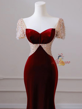 Burgundy Velvet Short Sleeve Beading Prom Dress