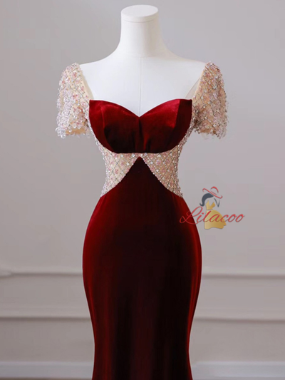 Burgundy Velvet Short Sleeve Beading Prom Dress