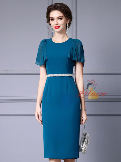 Blue Short Sleeve Beading Mother Of The Bride Dress