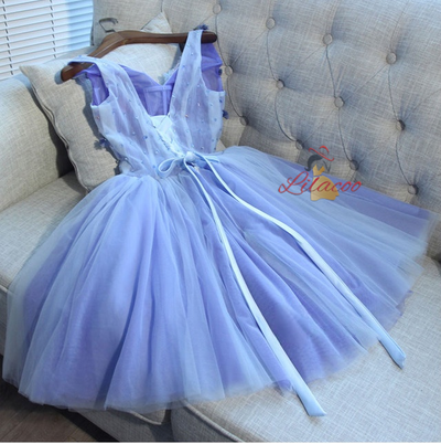 Blue Tulle V-Neck Flower Homecoming Dress