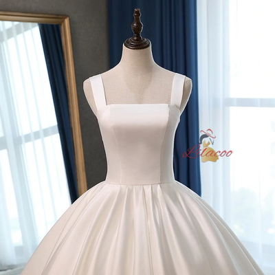 White Satin Straps Sleeveless Wedding Dress