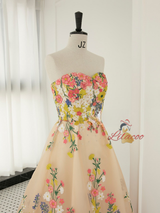Champagne Tulle Embroidery Tea Length Prom Dress