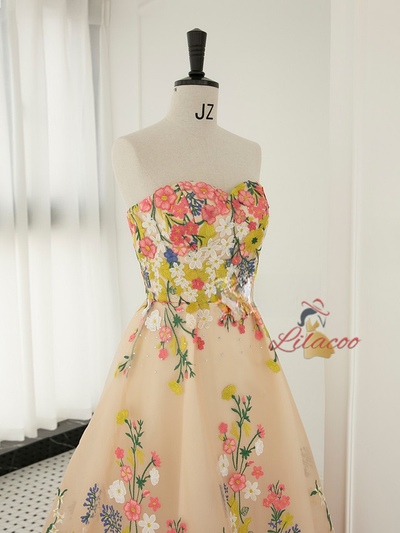 Champagne Tulle Embroidery Tea Length Prom Dress