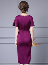 Purple Satin Short Sleeve Mother Of The Bride Dress