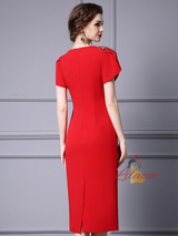 Red Short Sleeve Crystal Mother Of The Bride Dress