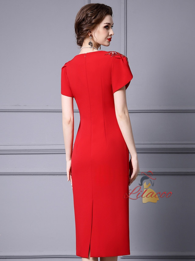 Red Short Sleeve Crystal Mother Of The Bride Dress