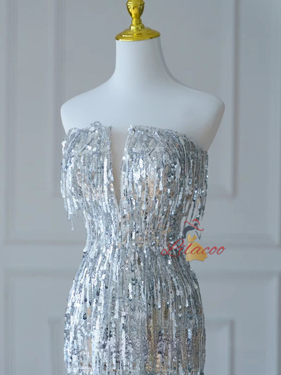 Silver Mermaid Sequins Strapless Prom Dress