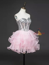 Pink Tulle Sequins Strapless Homecoming Dress