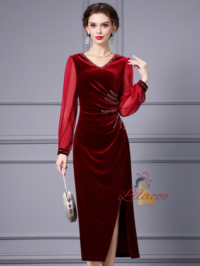 Green Velvet Pleats Beading Mother Of The Bride Dress