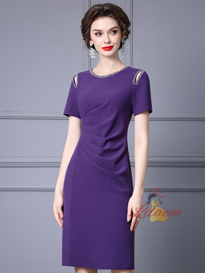 Purple Short Sleeve Beading Mother Of The Bride Dress