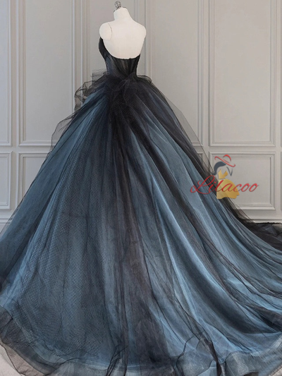 Black Tulle Strapless Pleats Prom Dress