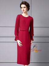 Burgundy Long Sleeve Pleats Mother Of The Bride Dress