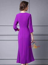 Purple Short Sleeve Crystal Mother of the Bride Dress