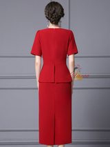 Red V-neck Short Sleeve Crystal Mother Of The Bride Dress