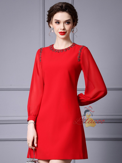 Red Long Sleeve Beading Mother Of The Bride Dress