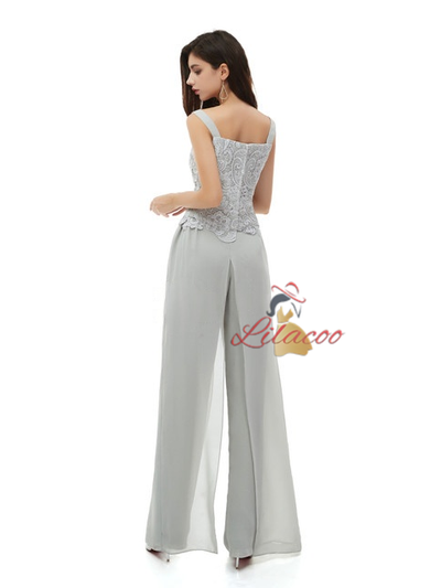 Gray Chiffon Lace 3 Piece Mother Of the Bride Dress