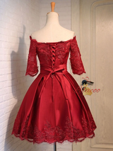 Burgundy Satin Short Sleeve Appliques Homecoming Dress
