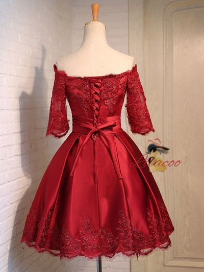Burgundy Satin Short Sleeve Appliques Homecoming Dress