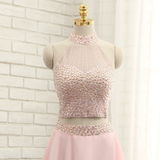 Pink Chiffon Halter Beading Homecoming Dress
