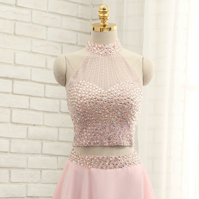 Pink Chiffon Halter Beading Homecoming Dress
