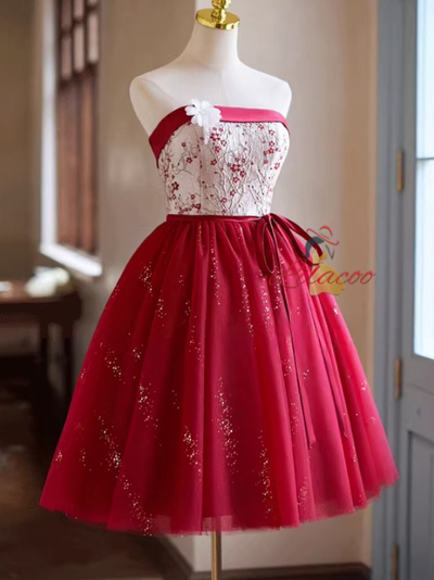 Burgundy Tulle Sequins Strapless Homecoming Dress