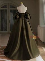 Green Satin Pleats Puff Sleeve Prom Dress