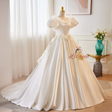 White Satin Puff Sleeve 3D Flower Wedding Dress